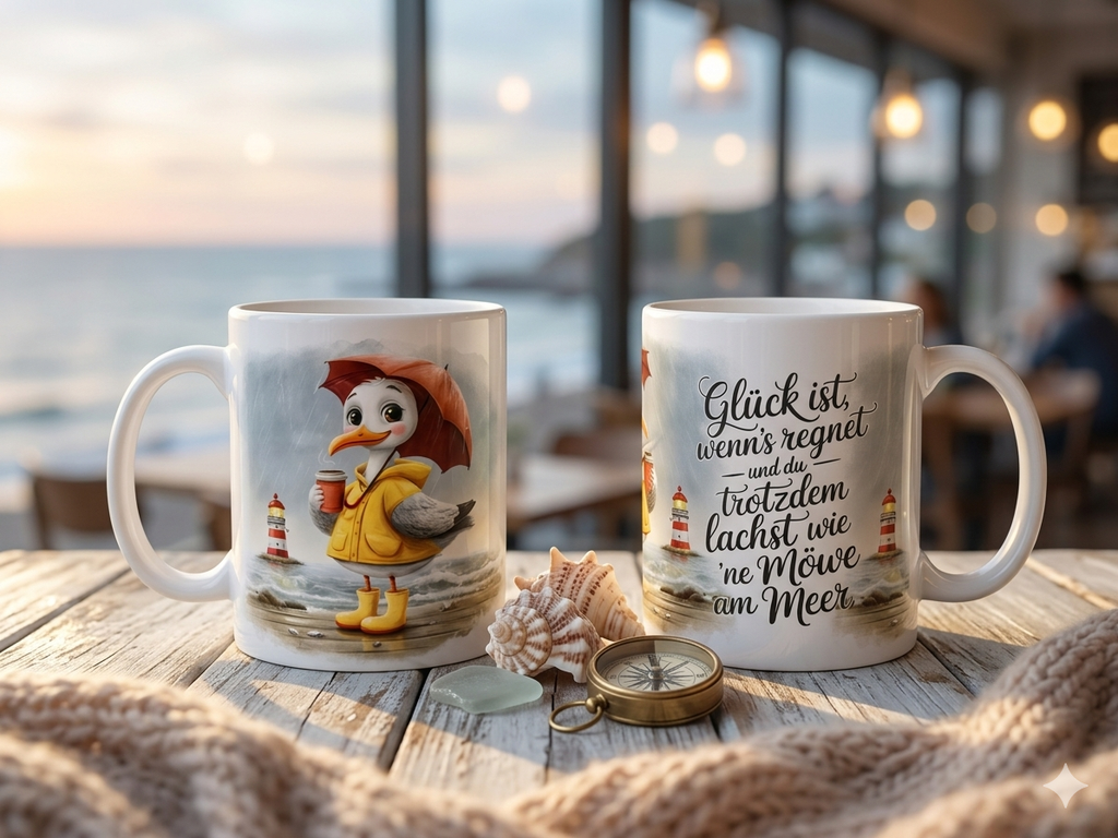 Maritime Keramiktasse-Handveredelt mit Küsten-Motiven & Sprüchen