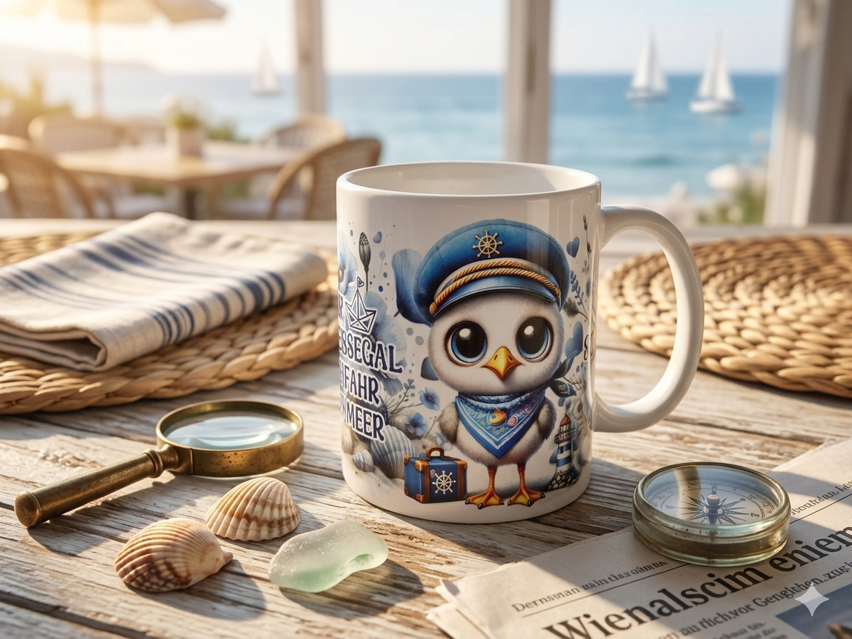Maritime Keramiktasse-Handveredelt mit Küsten-Motiven & Sprüchen