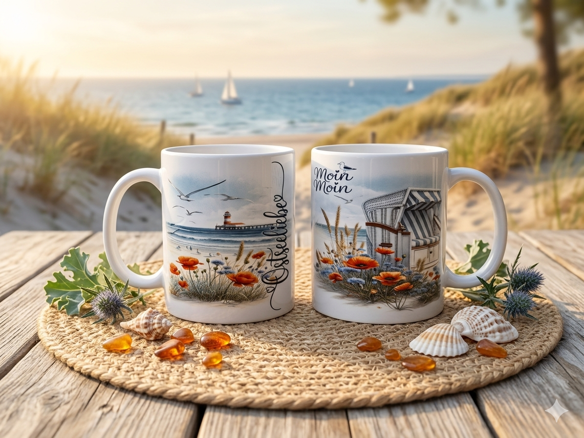 Maritime Keramiktasse-Handveredelt mit Küsten-Motiven & Sprüchen