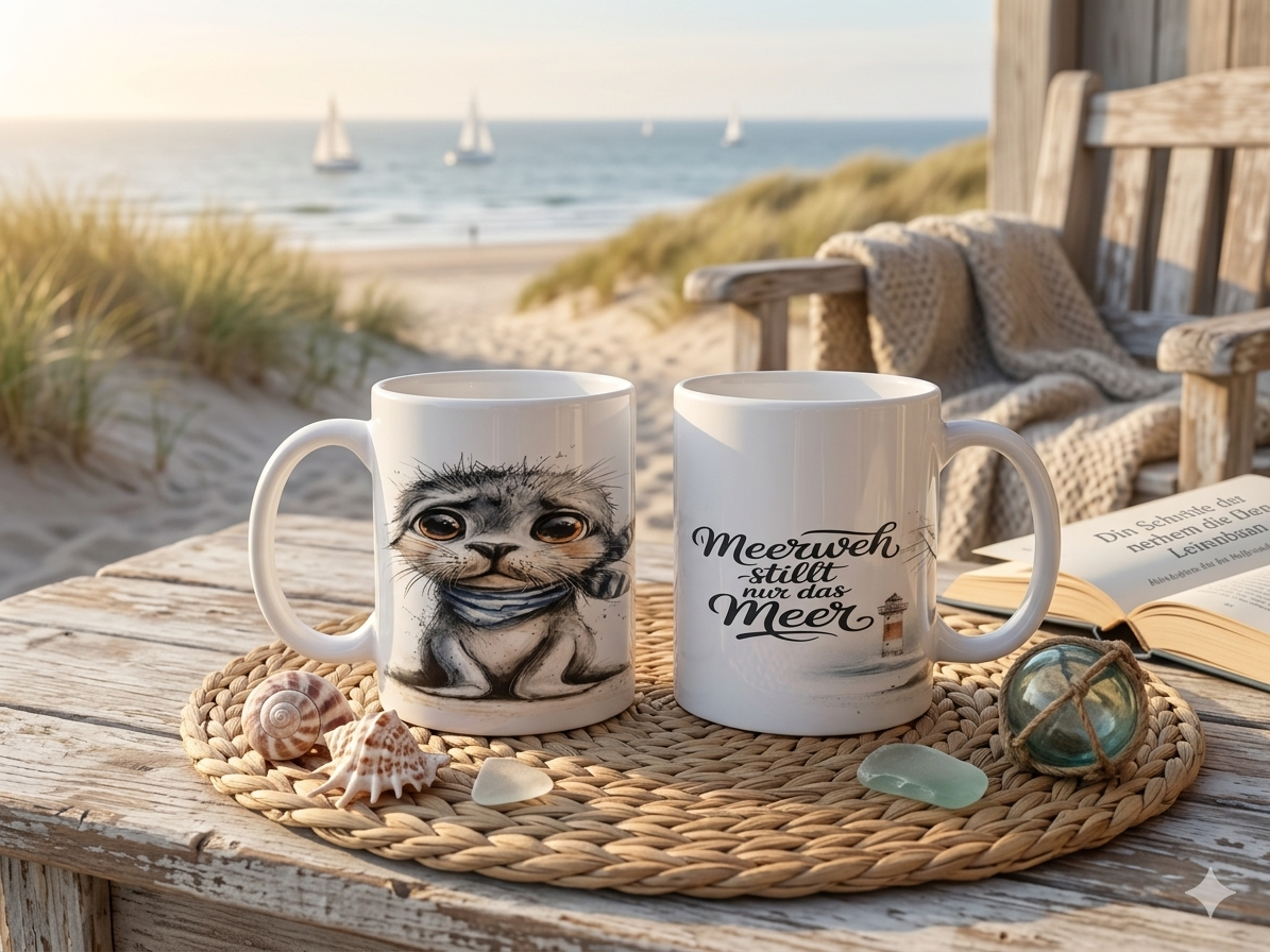 Maritime Keramiktasse-Handveredelt mit Küsten-Motiven & Sprüchen
