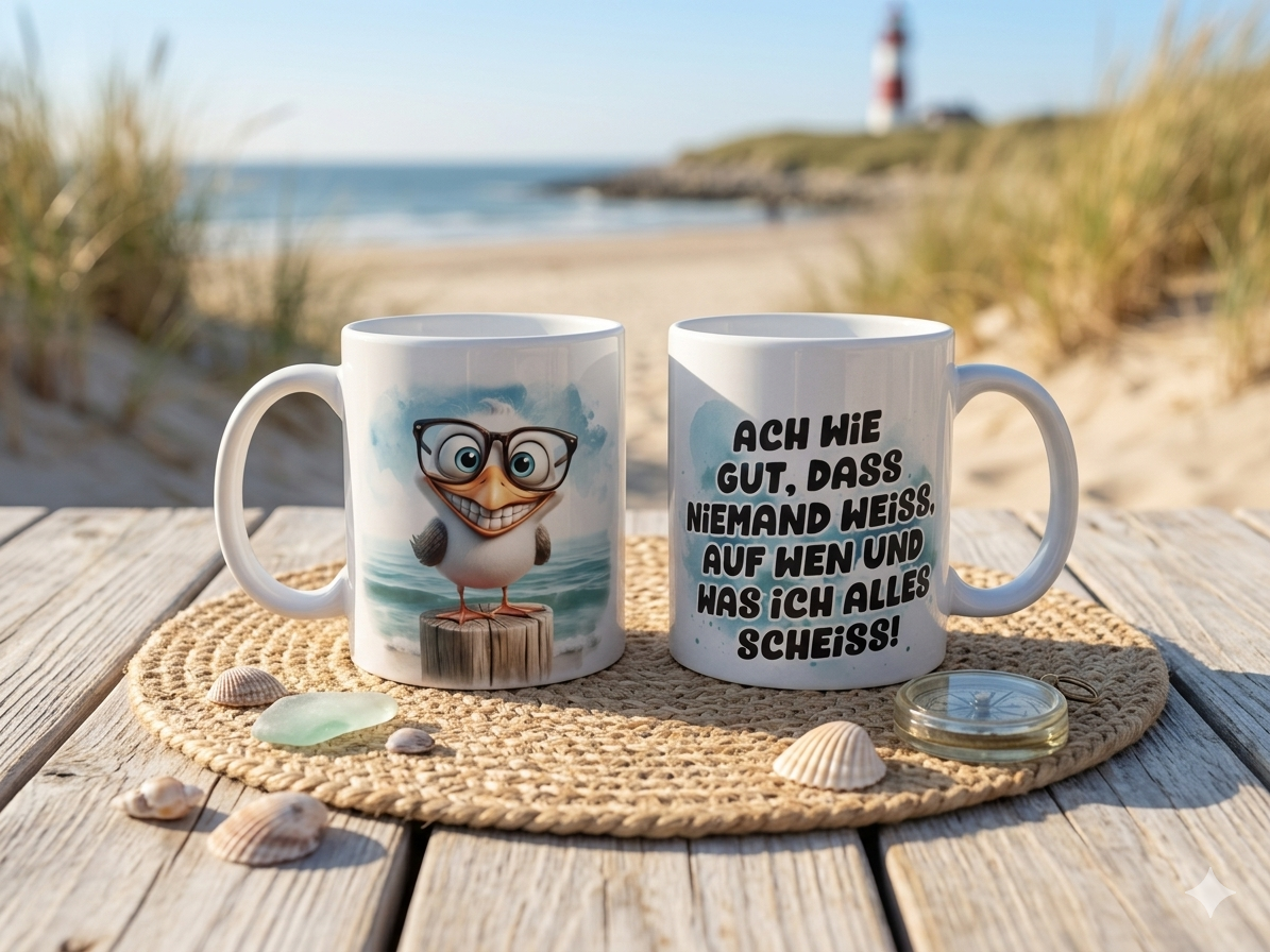 Maritime Keramiktasse-Handveredelt mit Küsten-Motiven & Sprüchen