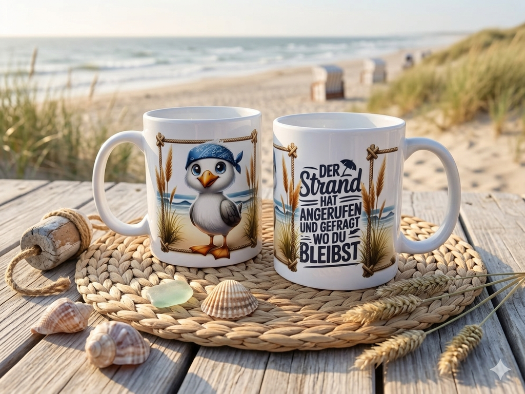 Maritime Keramiktasse-Handveredelt mit Küsten-Motiven & Sprüchen
