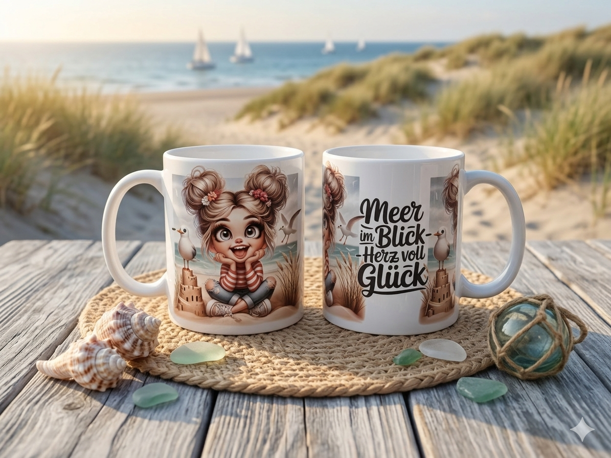 Maritime Keramiktasse-Handveredelt mit Küsten-Motiven & Sprüchen