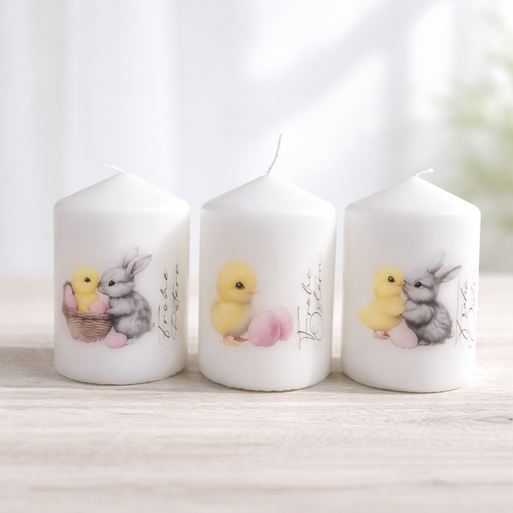 Osterkerzen Set „Frohe Ostern“ – süßer Hase & Küken | Osterdeko | Ostergeschenk | 3er Set