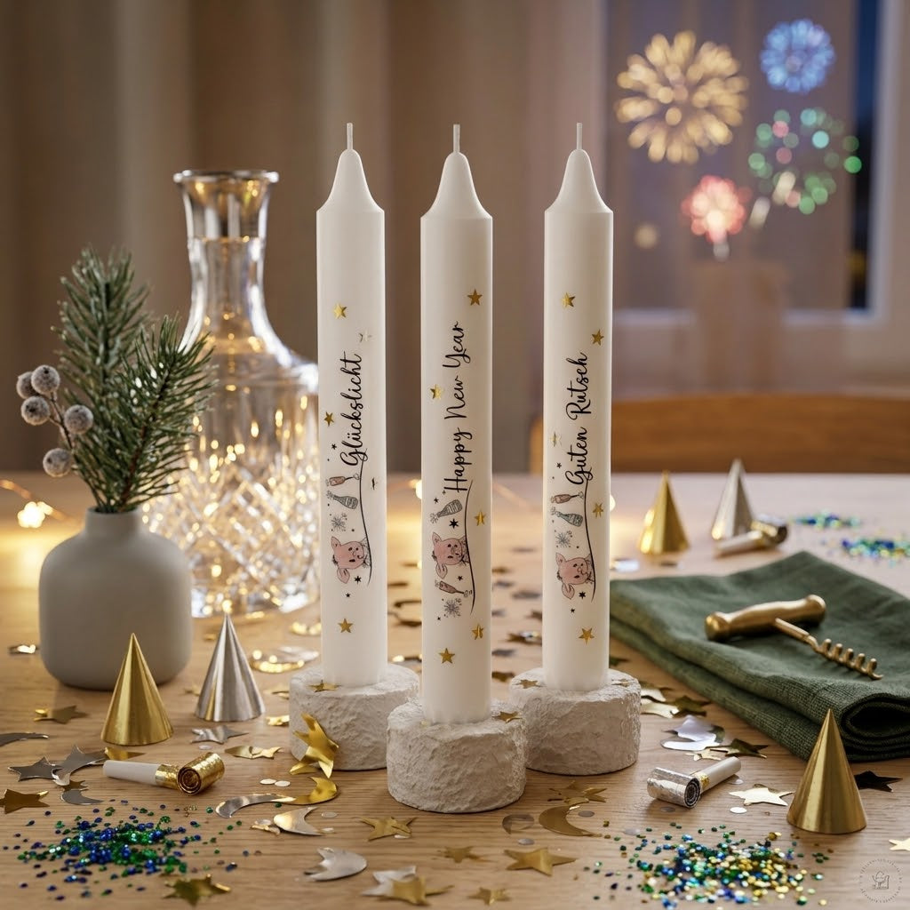Silvester-Stabkerzen – 3er-Set als Glücksbringer