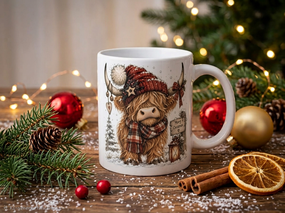 Weihnachtliche Keramiktasse mit Motiv (330 ml)