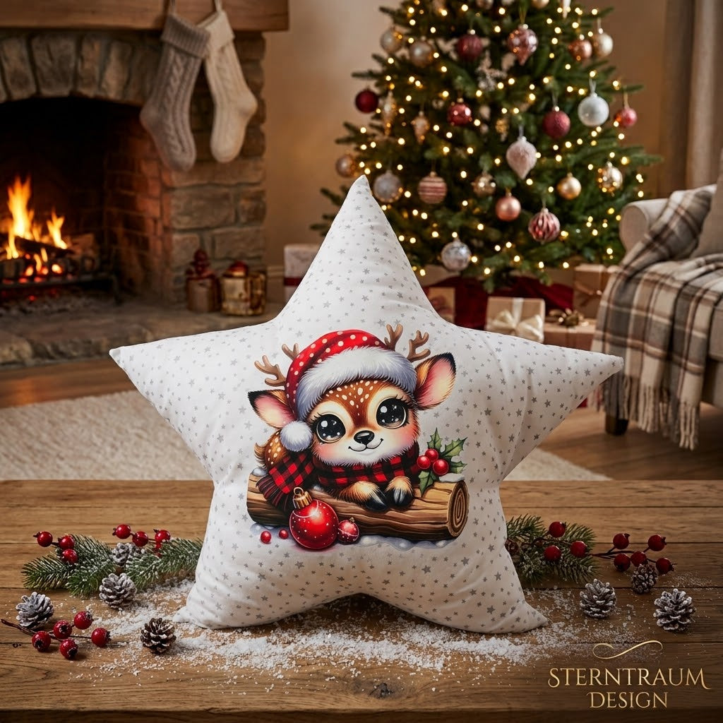 Handgenähtes Sternenkissen mit süßem Rehkitz-Motiv – Weihnachtsdeko Kissen (Unikat / Einzelstück)