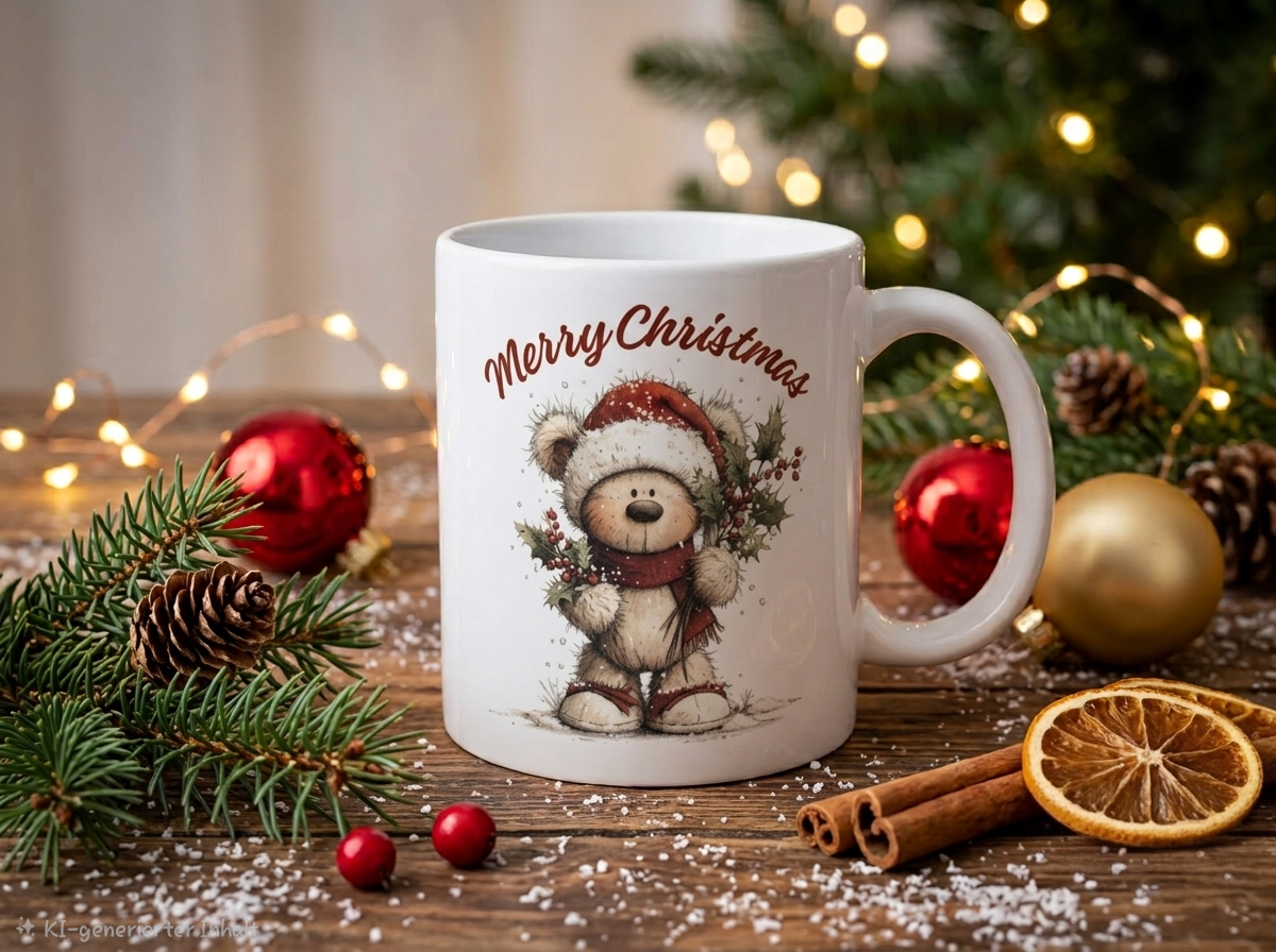Weihnachtliche Keramiktasse mit Motiv (330 ml)