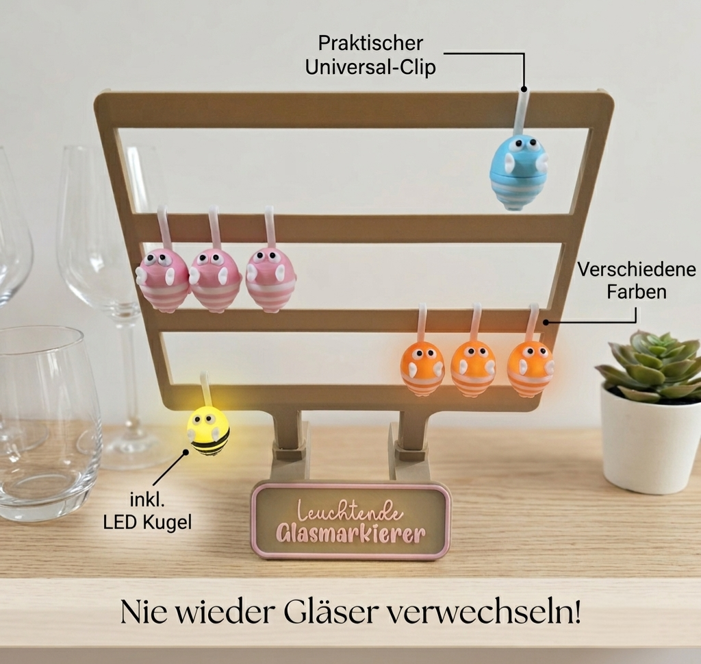 LED-Glasmarkierer „Leuchtende Hummeln“ – 4er-Set