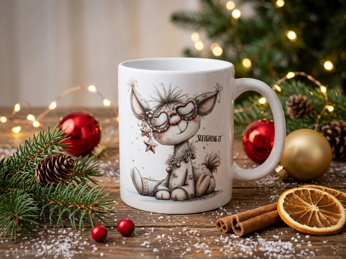 Weihnachtliche Keramiktasse mit Motiv (330 ml)