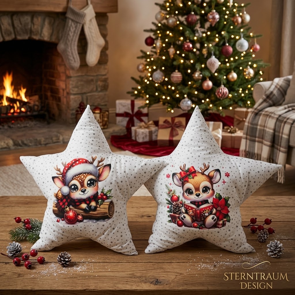 Handgenähtes Sternenkissen mit süßem Rehkitz-Motiv – Weihnachtsdeko Kissen (Unikat / Einzelstück)